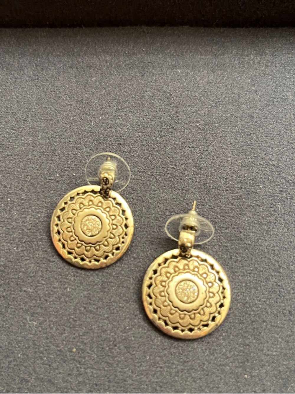 Gold Medallion Drop Earrings - Classic Floral Disc Design